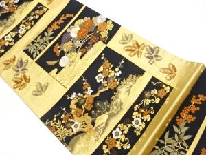 変わり横段に草花・蝶模様織出し袋帯